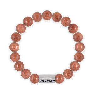 Top view of a 10mm Red Goldstone beaded stretch bracelet with silver stainless steel logo bead made by Voltlin