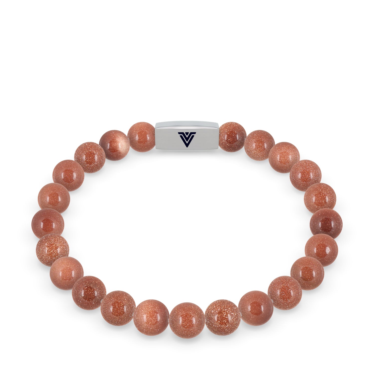 Front view of an 8mm Red Goldstone beaded stretch bracelet with silver stainless steel logo bead made by Voltlin