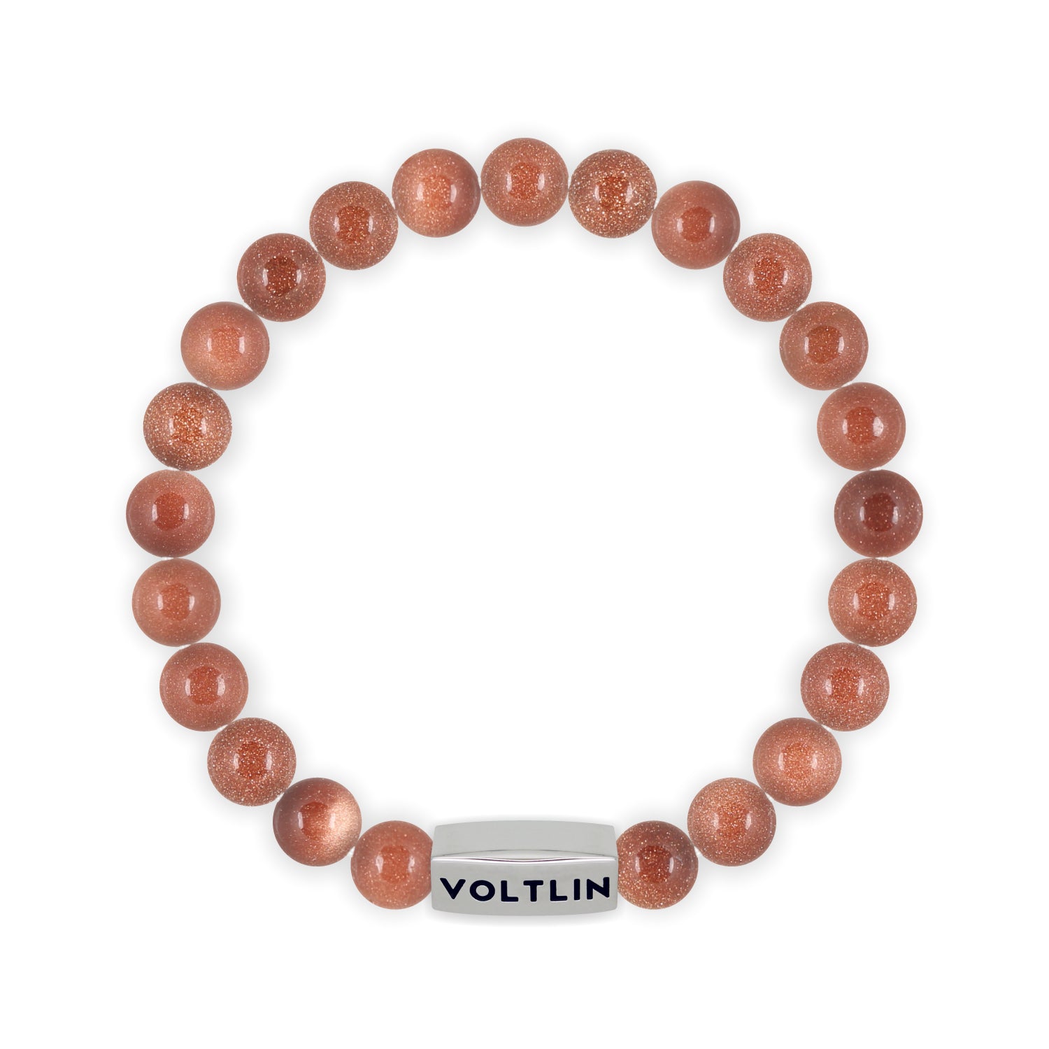 Front view of an 8mm Red Goldstone beaded stretch bracelet with silver stainless steel logo bead made by Voltlin