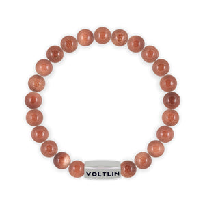 Top view of an 8mm Red Goldstone beaded stretch bracelet with silver stainless steel logo bead made by Voltlin