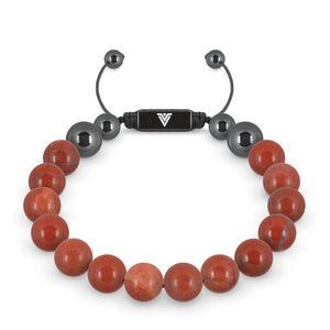 Front view of a 10mm Red Jasper crystal beaded shamballa bracelet with black stainless steel logo bead made by Voltlin