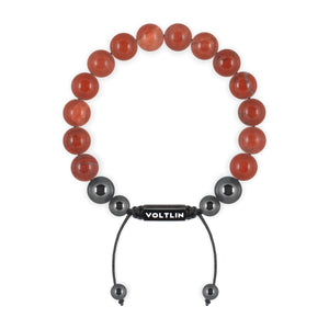 Top view of a 10mm Red Jasper crystal beaded shamballa bracelet with black stainless steel logo bead made by Voltlin