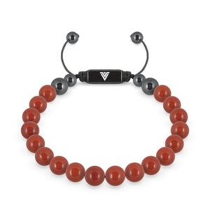 Front view of an 8mm Red Jasper crystal beaded shamballa bracelet with black stainless steel logo bead made by Voltlin
