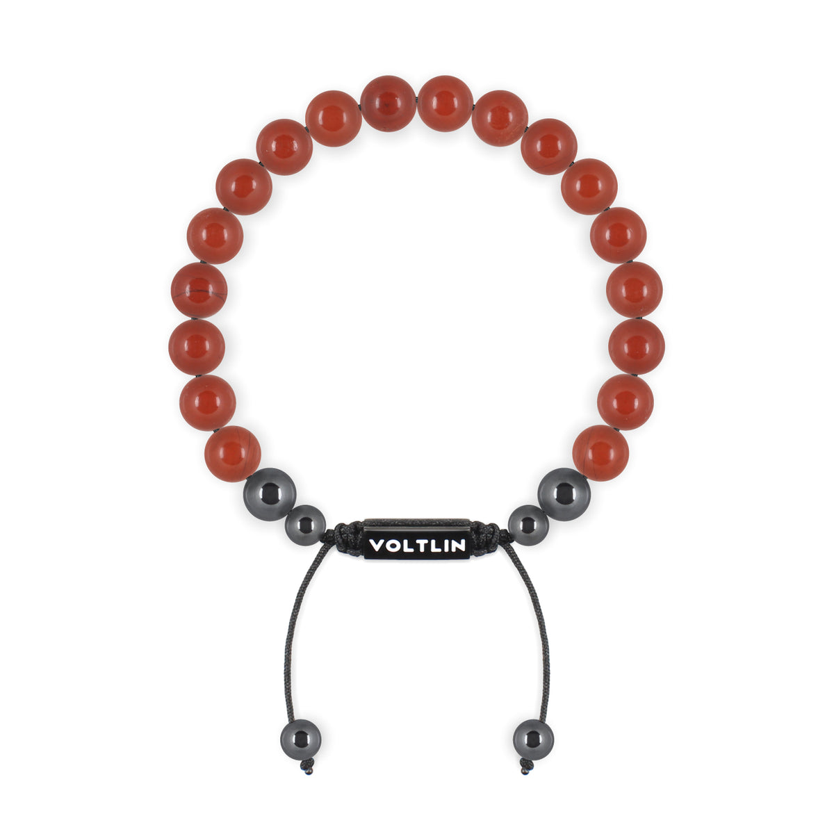 Top view of an 8mm Red Jasper crystal beaded shamballa bracelet with black stainless steel logo bead made by Voltlin