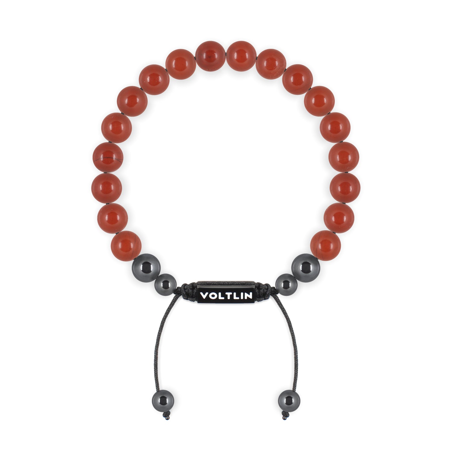 Front view of an 8mm Red Jasper crystal beaded shamballa bracelet with black stainless steel logo bead made by Voltlin