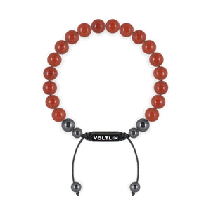 Top view of an 8mm Red Jasper crystal beaded shamballa bracelet with black stainless steel logo bead made by Voltlin