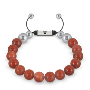 Front view of a 10mm Red Jasper beaded shamballa bracelet with silver stainless steel logo bead made by Voltlin