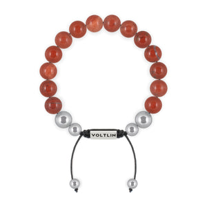 Top view of a 10mm Red Jasper beaded shamballa bracelet with silver stainless steel logo bead made by Voltlin