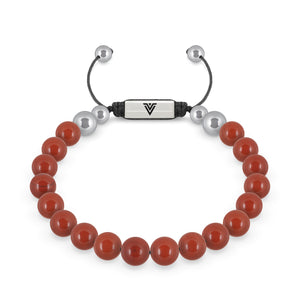 Front view of an 8mm Red Jasper beaded shamballa bracelet with silver stainless steel logo bead made by Voltlin