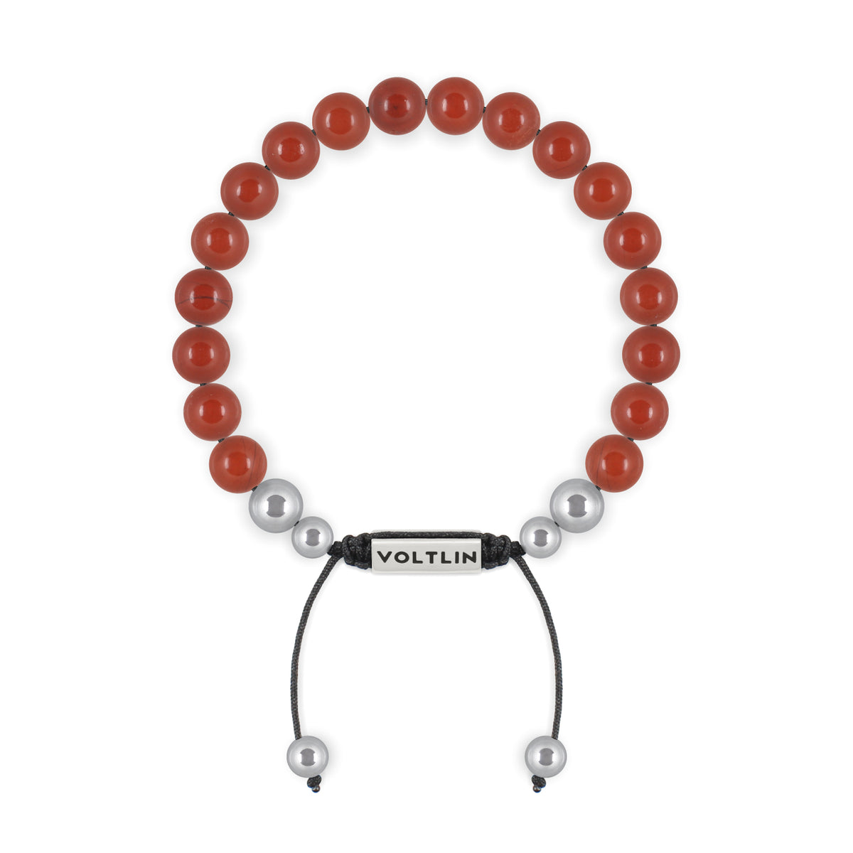 Top view of an 8mm Red Jasper beaded shamballa bracelet with silver stainless steel logo bead made by Voltlin