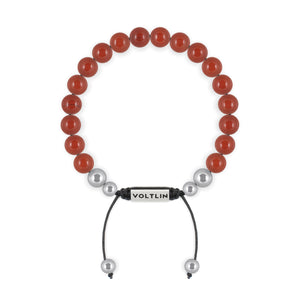 Top view of an 8mm Red Jasper beaded shamballa bracelet with silver stainless steel logo bead made by Voltlin