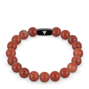Front view of a 10mm Red Jasper crystal beaded stretch bracelet with black stainless steel logo bead made by Voltlin
