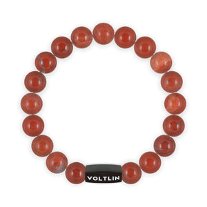 Top view of a 10mm Red Red Jasper crystal beaded stretch bracelet with black stainless steel logo bead made by Voltlin