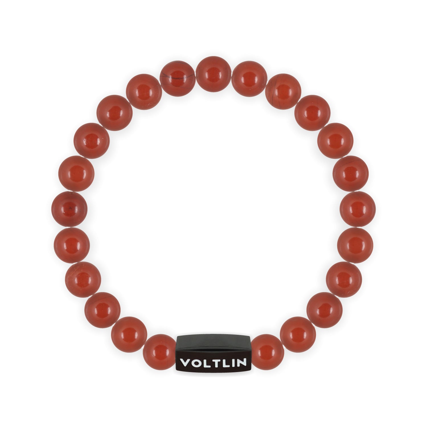 Front view of an 8mm Red Jasper crystal beaded stretch bracelet with black stainless steel logo bead made by Voltlin
