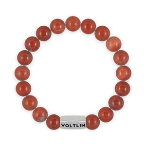 Top view of a 10mm Red Jasper beaded stretch bracelet with silver stainless steel logo bead made by Voltlin