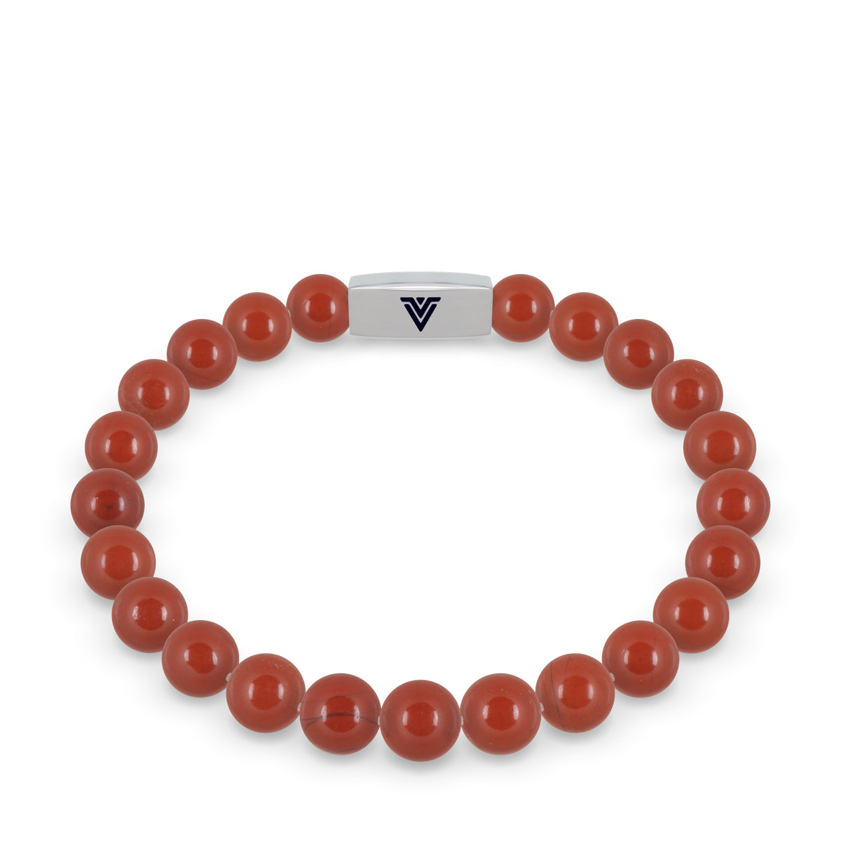 Front view of an 8mm Red Jasper beaded stretch bracelet with silver stainless steel logo bead made by Voltlin