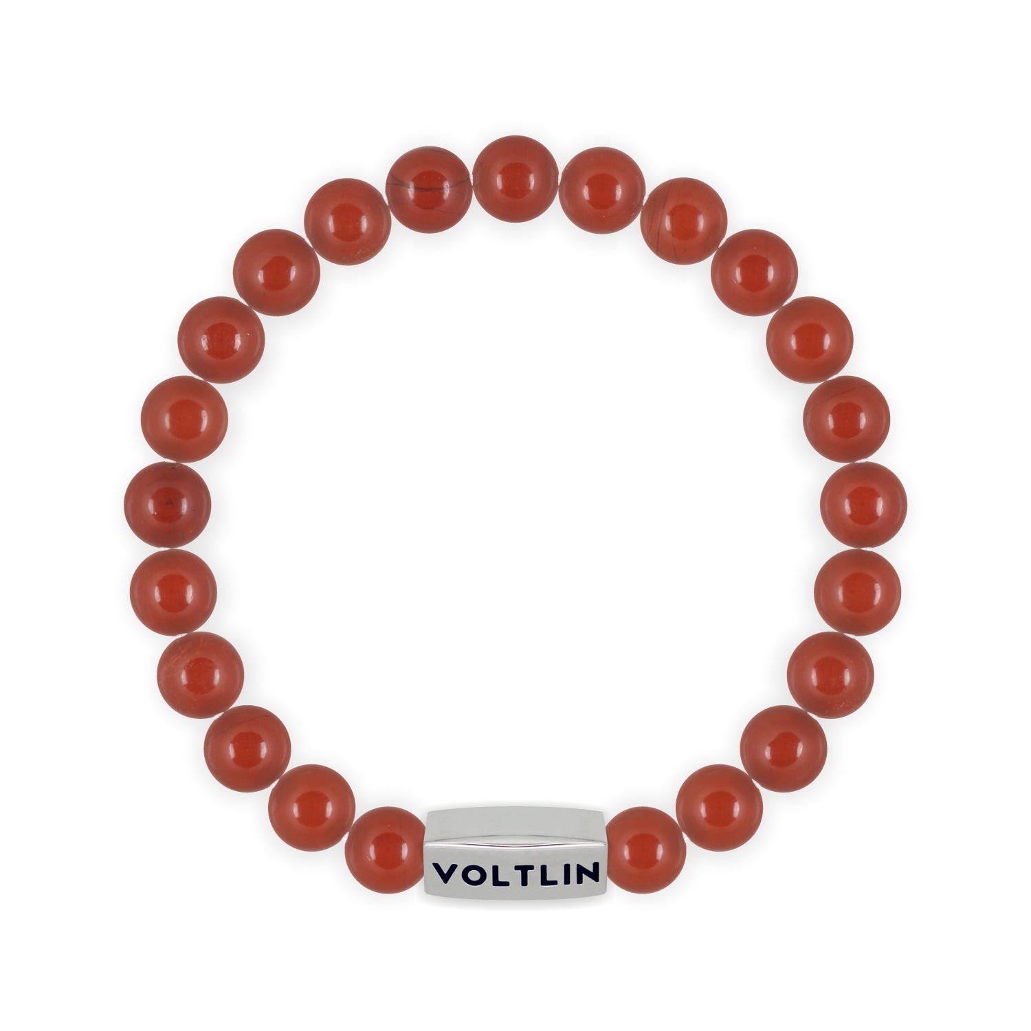 Top view of an 8mm Red Jasper beaded stretch bracelet with silver stainless steel logo bead made by Voltlin