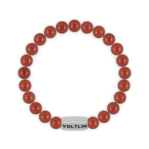 Top view of an 8mm Red Jasper beaded stretch bracelet with silver stainless steel logo bead made by Voltlin