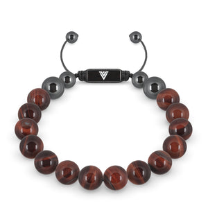 Front view of a 10mm Red Tigers Eye crystal beaded shamballa bracelet with black stainless steel logo bead made by Voltlin