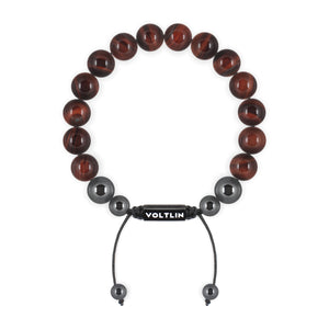 Top view of a 10mm Red Tigers Eye crystal beaded shamballa bracelet with black stainless steel logo bead made by Voltlin