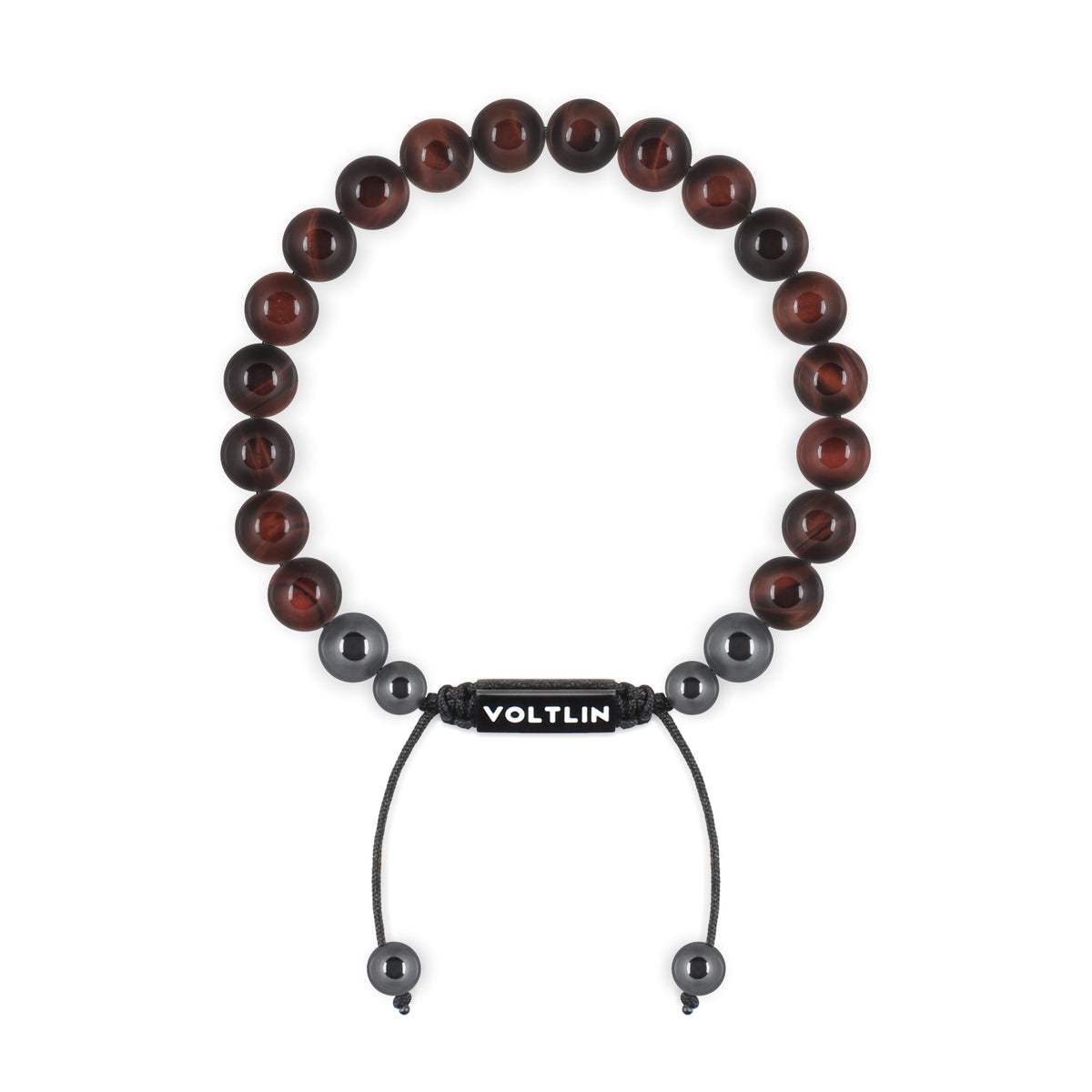 Top view of an 8mm Red Tigers Eye crystal beaded shamballa bracelet with black stainless steel logo bead made by Voltlin