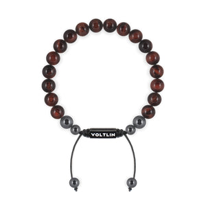 Top view of an 8mm Red Tigers Eye crystal beaded shamballa bracelet with black stainless steel logo bead made by Voltlin