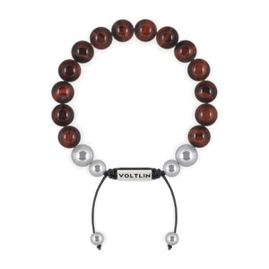 Top view of a 10mm Red Tiger's Eye beaded shamballa bracelet with silver stainless steel logo bead made by Voltlin