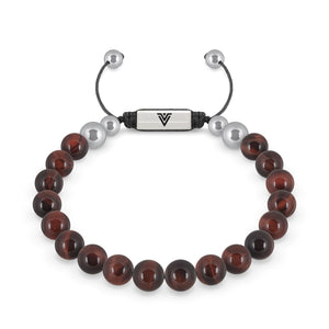 Front view of an 8mm Red Tiger's Eye beaded shamballa bracelet with silver stainless steel logo bead made by Voltlin