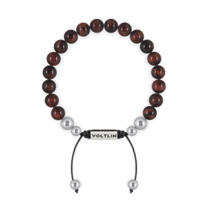 Top view of an 8mm Red Tiger's Eye beaded shamballa bracelet with silver stainless steel logo bead made by Voltlin
