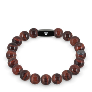 Front view of a 10mm Red Tigers Eye crystal beaded stretch bracelet with black stainless steel logo bead made by Voltlin