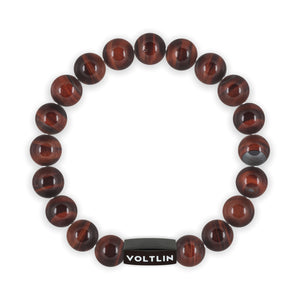 Top view of a 10mm Red Red Tigers Eye crystal beaded stretch bracelet with black stainless steel logo bead made by Voltlin