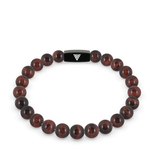 Front view of an 8mm Red Tigers Eye crystal beaded stretch bracelet with black stainless steel logo bead made by Voltlin
