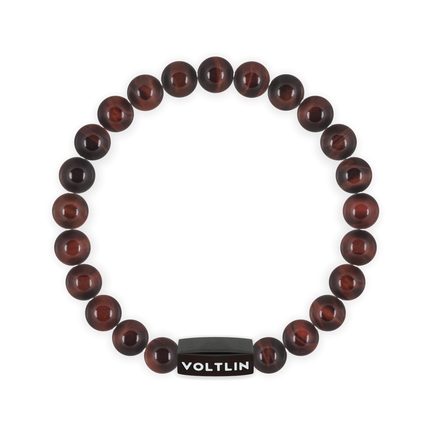 Front view of an 8mm Red Tigers Eye crystal beaded stretch bracelet with black stainless steel logo bead made by Voltlin