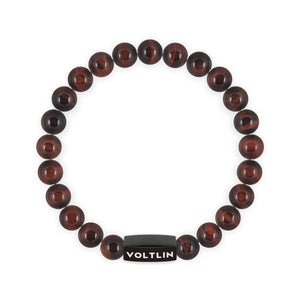 Top view of an 8mm Red Tigers Eye crystal beaded stretch bracelet with black stainless steel logo bead made by Voltlin