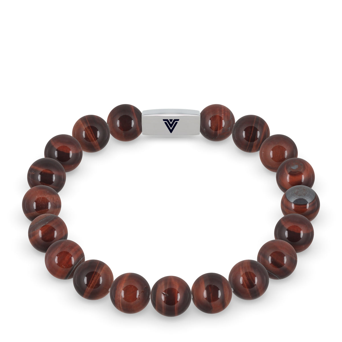 Front view of a 10mm Red Tigers Eye beaded stretch bracelet with silver stainless steel logo bead made by Voltlin