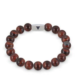 Front view of a 10mm Red Tigers Eye beaded stretch bracelet with silver stainless steel logo bead made by Voltlin