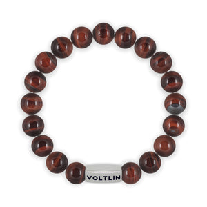 Top view of a 10mm Red Tigers Eye beaded stretch bracelet with silver stainless steel logo bead made by Voltlin