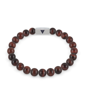 Front view of an 8mm Red Tigers Eye beaded stretch bracelet with silver stainless steel logo bead made by Voltlin