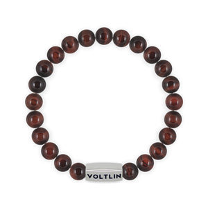 Top view of an 8mm Red Tigers Eye beaded stretch bracelet with silver stainless steel logo bead made by Voltlin