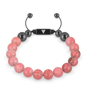 Front view of a 10mm Rhodochrosite crystal beaded shamballa bracelet with black stainless steel logo bead made by Voltlin