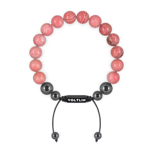 Top view of a 10mm Rhodochrosite crystal beaded shamballa bracelet with black stainless steel logo bead made by Voltlin