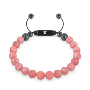 Front view of an 8mm Rhodochrosite crystal beaded shamballa bracelet with black stainless steel logo bead made by Voltlin