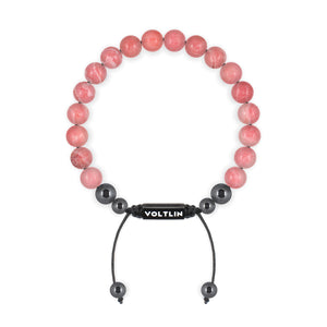 Top view of an 8mm Rhodochrosite crystal beaded shamballa bracelet with black stainless steel logo bead made by Voltlin