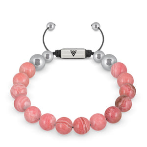 Front view of a 10mm Rhodochrosite beaded shamballa bracelet with silver stainless steel logo bead made by Voltlin