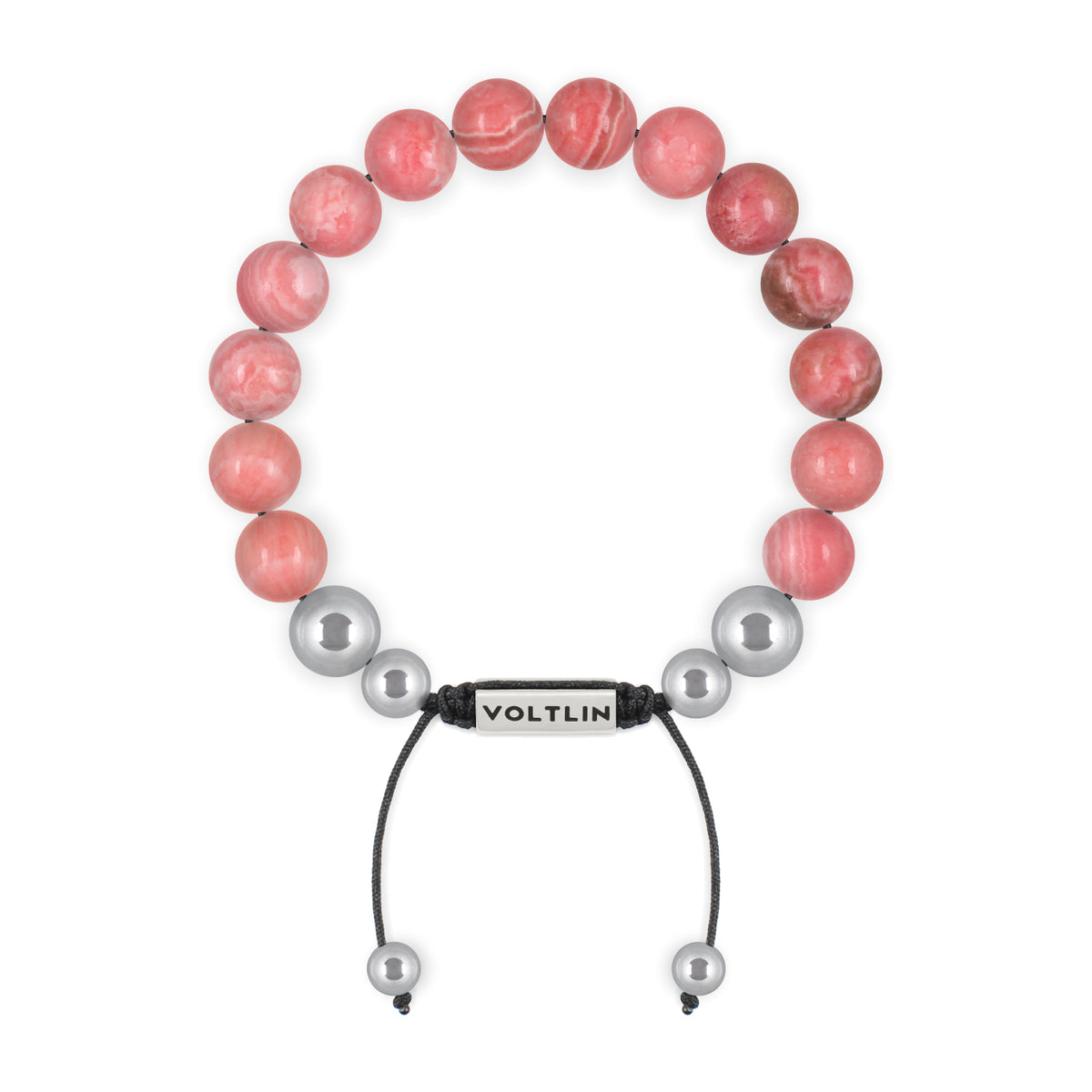 Top view of a 10mm Rhodochrosite beaded shamballa bracelet with silver stainless steel logo bead made by Voltlin