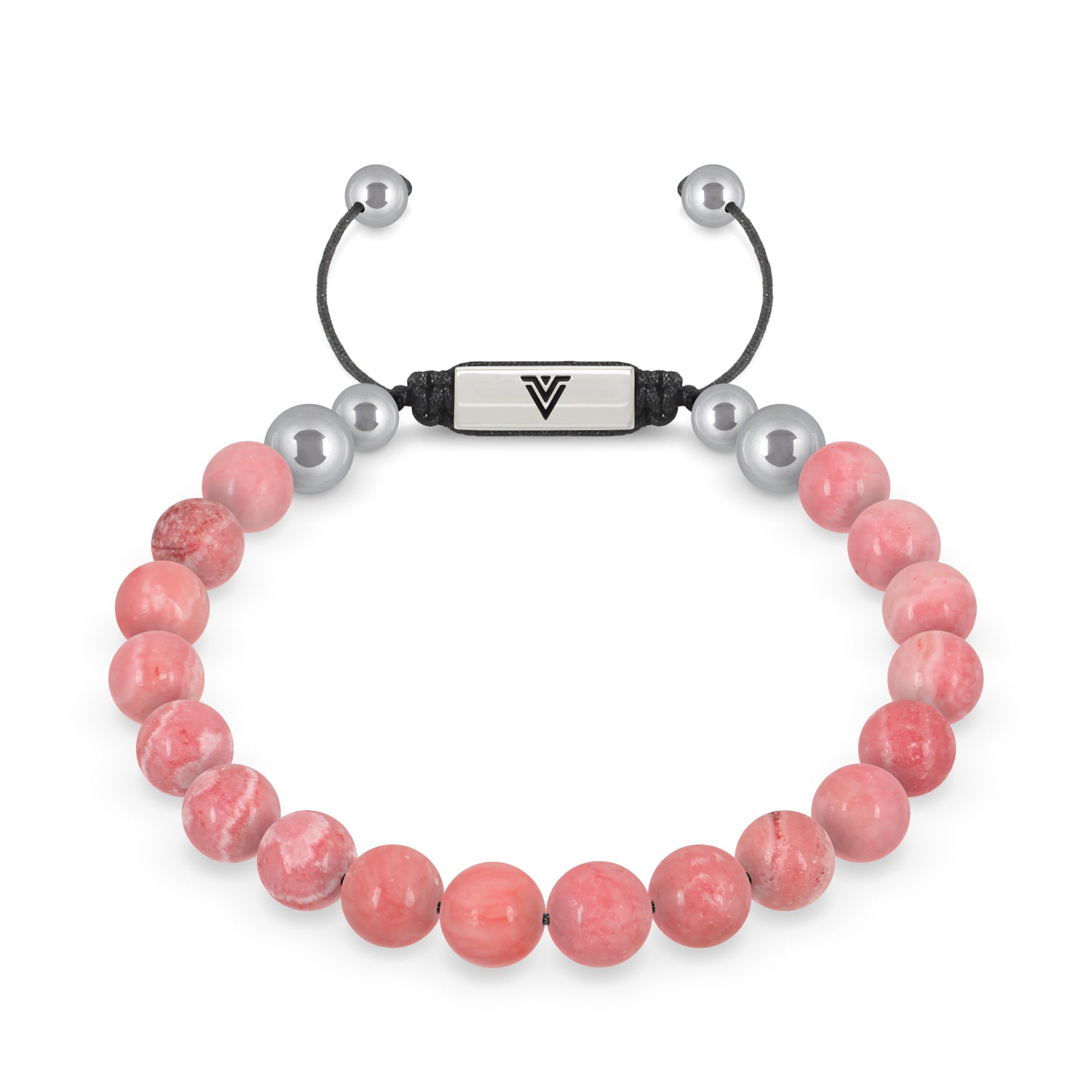 Front view of an 8mm Rhodochrosite beaded shamballa bracelet with silver stainless steel logo bead made by Voltlin
