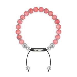 Top view of an 8mm Rhodochrosite beaded shamballa bracelet with silver stainless steel logo bead made by Voltlin