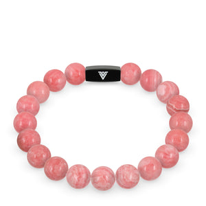 Front view of a 10mm Rhodochrosite crystal beaded stretch bracelet with black stainless steel logo bead made by Voltlin