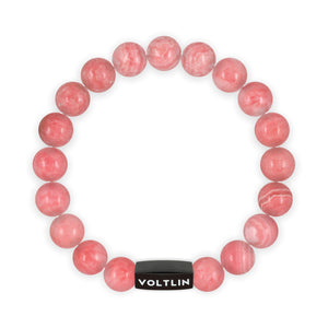 Top view of a 10mm Red Rhodochrosite crystal beaded stretch bracelet with black stainless steel logo bead made by Voltlin