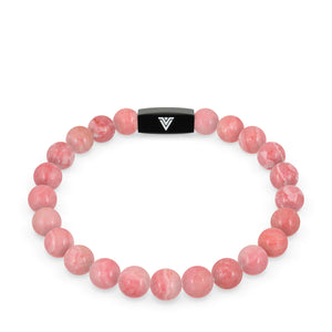 Front view of an 8mm Rhodochrosite crystal beaded stretch bracelet with black stainless steel logo bead made by Voltlin